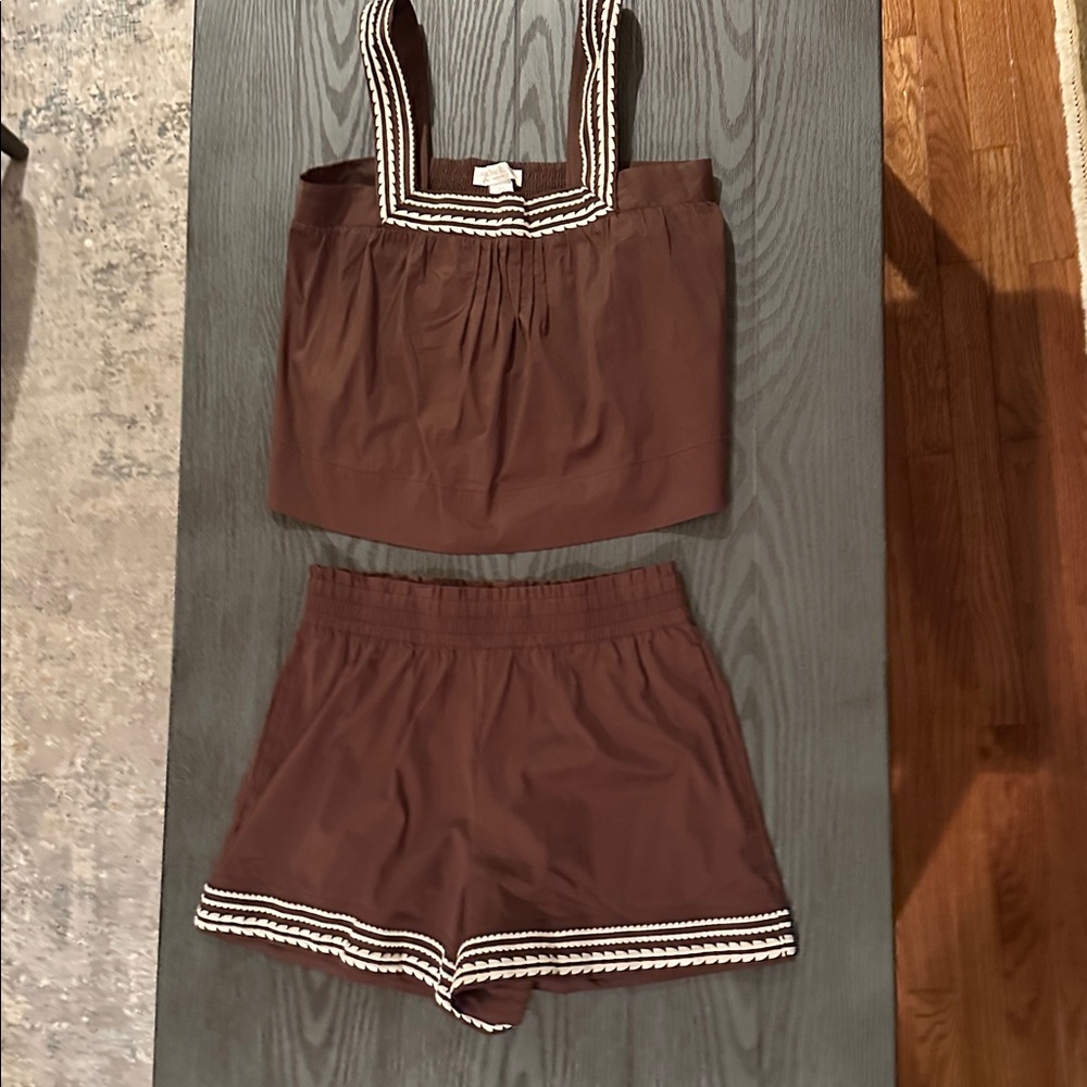 Caroline Constas Brown Two-Piece Shorts Set with White Trim